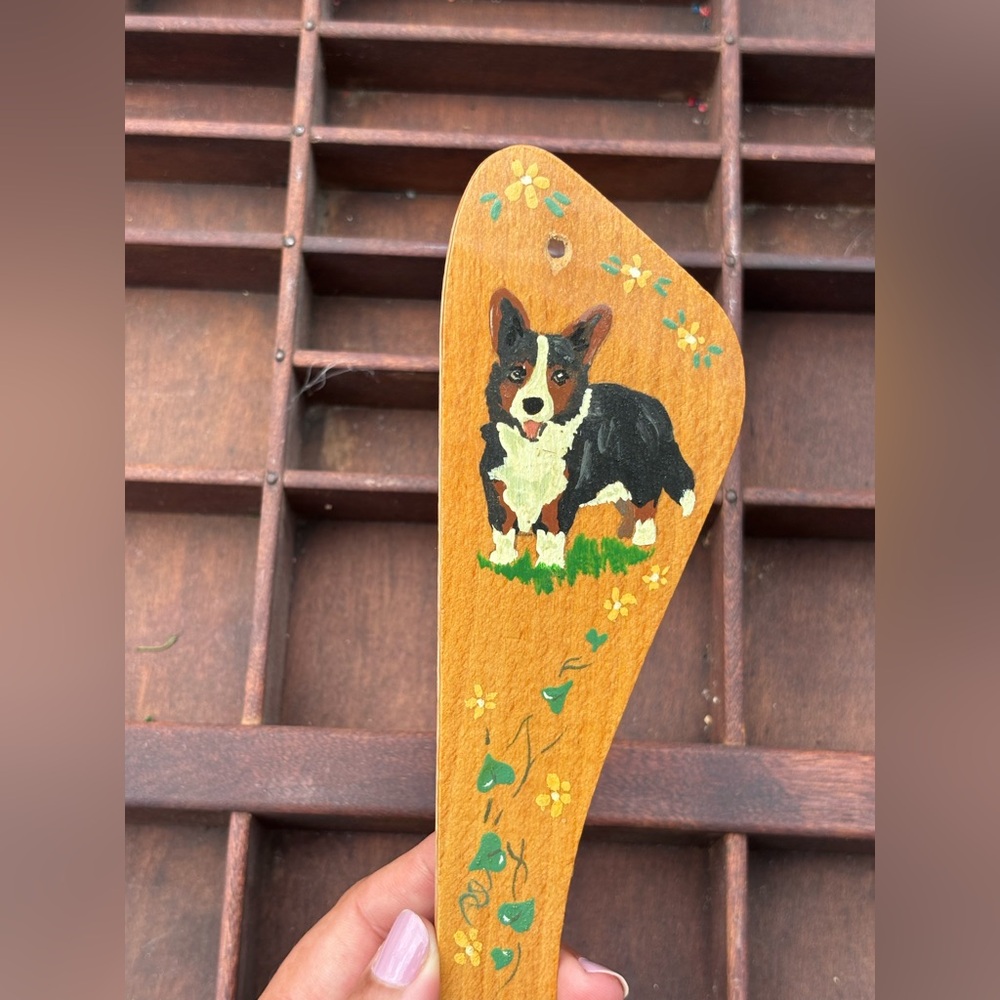 Vintage Handpainted Corgi Wooden Utensil